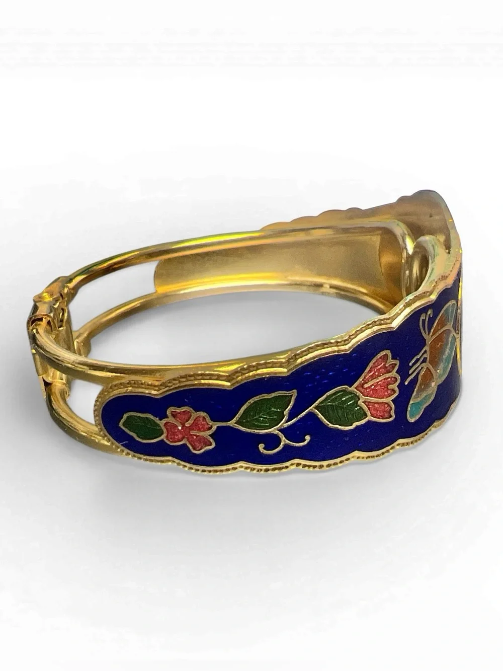 Vintage Cloisonne Butterfly Floral Gold Tone Hinged‎ Bracelet Enamel Bangle